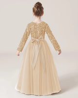 Champagne Sequin Tulle A-line Girls Formal Dress Back View