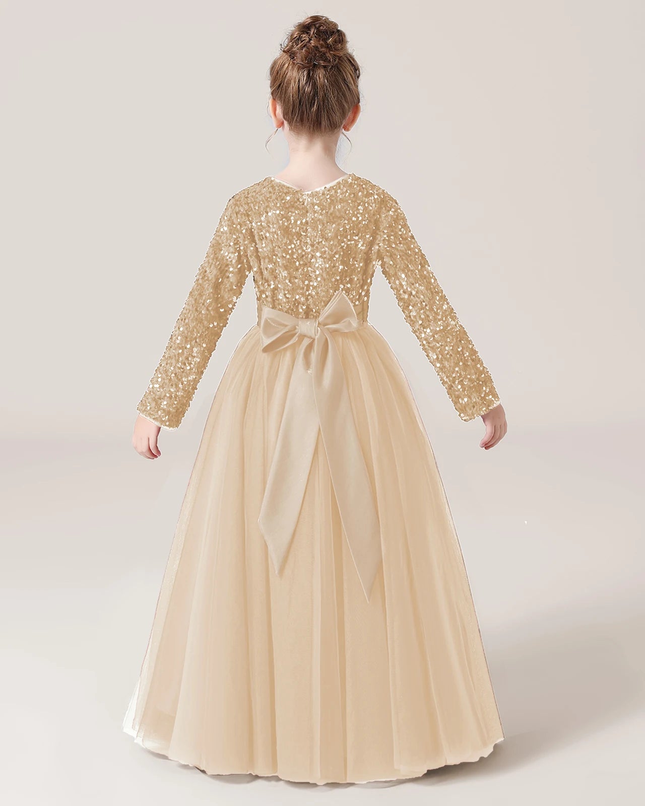 Champagne Back Sequin Long Sleeve Flower Girl Dress