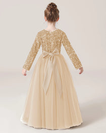 Champagne Back Sequin Long Sleeve Flower Girl Dress