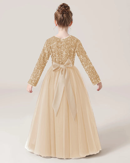 Champagne Back Sequin Long Sleeve Flower Girl Dress