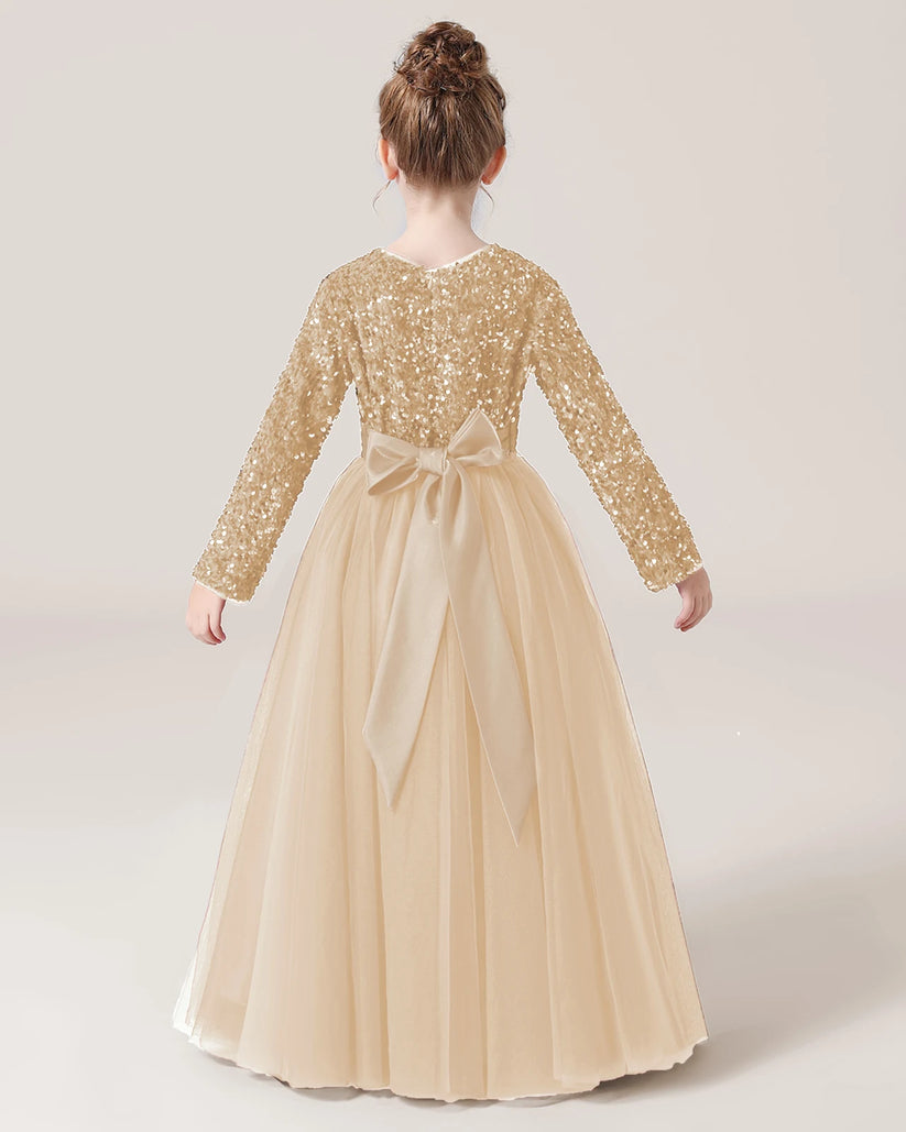 Champagne Sequin Tulle A-line Girls Formal Dress Back View