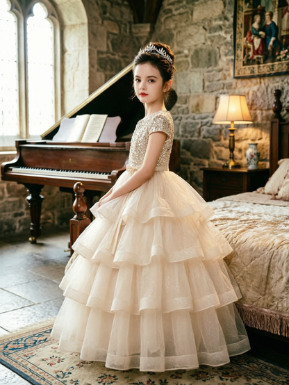 Dideyttawl Puffy Flower Girls Dress Sequins Flower Girl Dresses Sparkly Cap Sleeves Junior Bridesmaid Dress 648