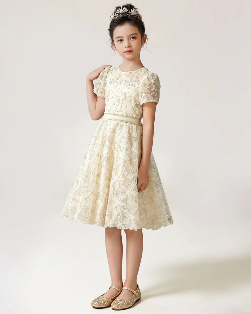 Champagne Lace A-line Girls Formal Dress Front View