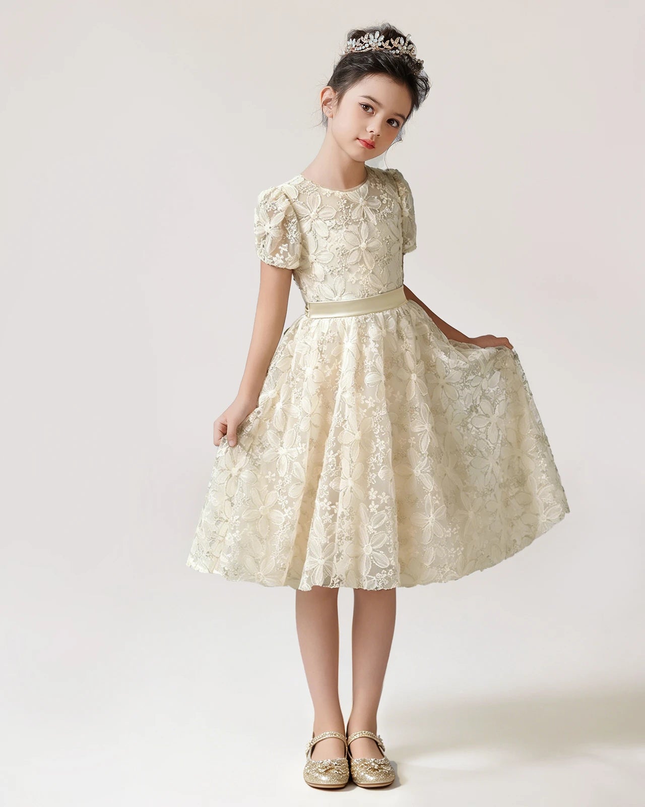Dideyttawl Short Formal Dress with Puff Sleeves and Floral Lace Embroidery, Blush Pink / 8