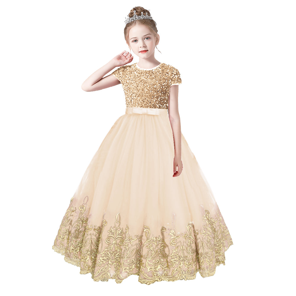 Flower Girls Dress Gold Embroidery Appliqued Puff Tulle Short Sleeves Sequins Party Dress