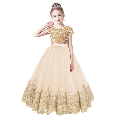 Flower Girls Dress Gold Embroidery Appliqued Puff Tulle Short Sleeves Sequins Party Dress
