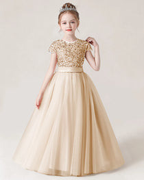 Champagne Front Tulle Flower Girls Dress