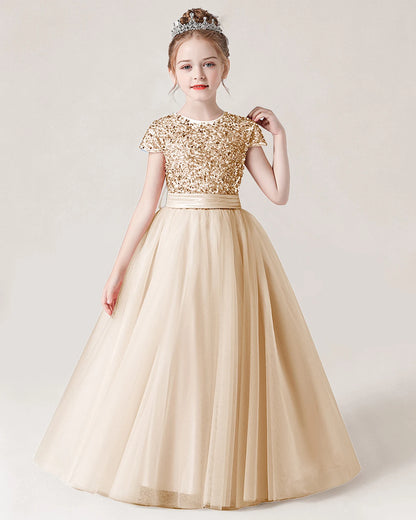 Champagne Front Tulle Flower Girls Dress