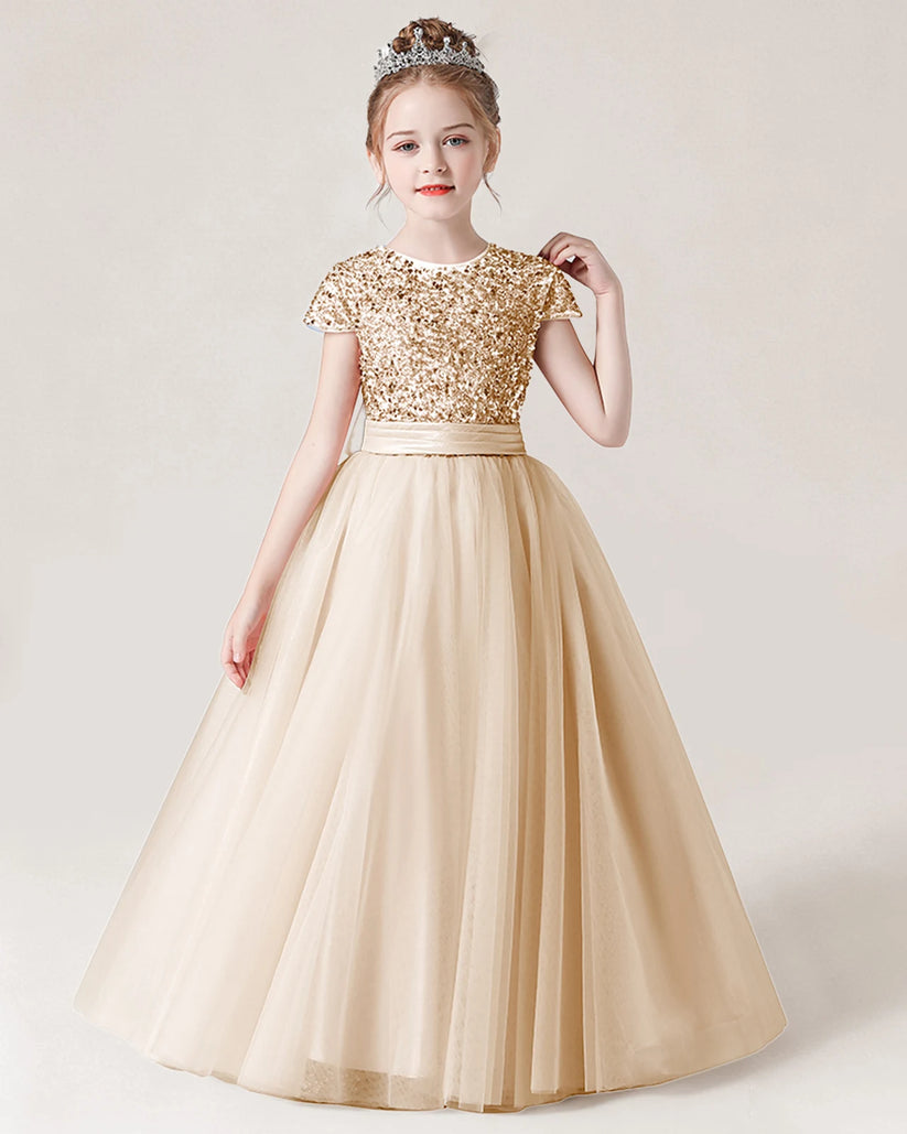 Champagne Tulle A-line Girls Formal Dress Front View