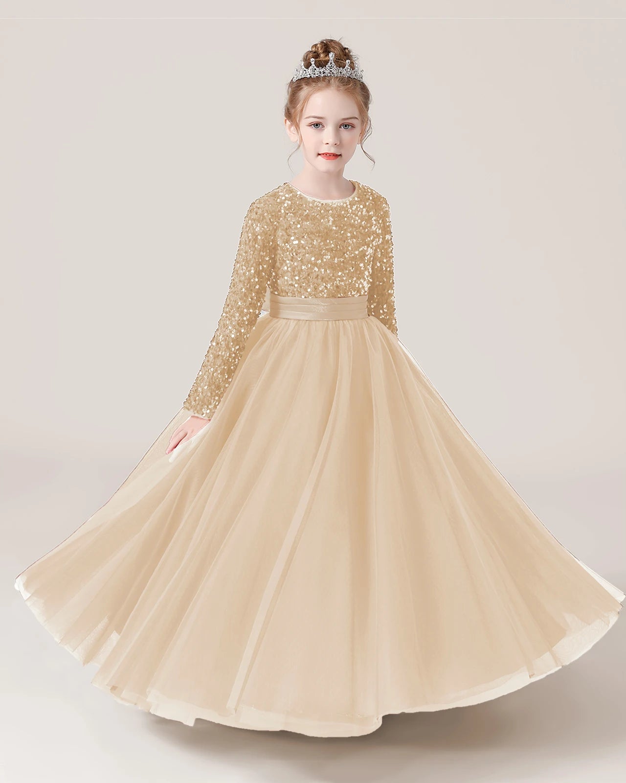 Champagne Front Sequin Long Sleeve Flower Girl Dress