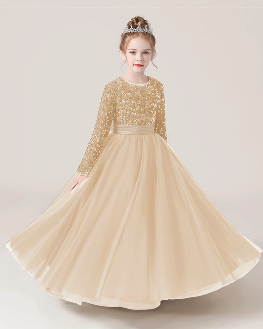 Champagne Tulle A-line Girls Formal Dress Front View