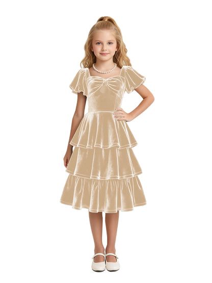 dideyttawl Girls Pleated Velvet Knee Length Junior Bridesmaid Dress with Short Lantern Sleeves 2543