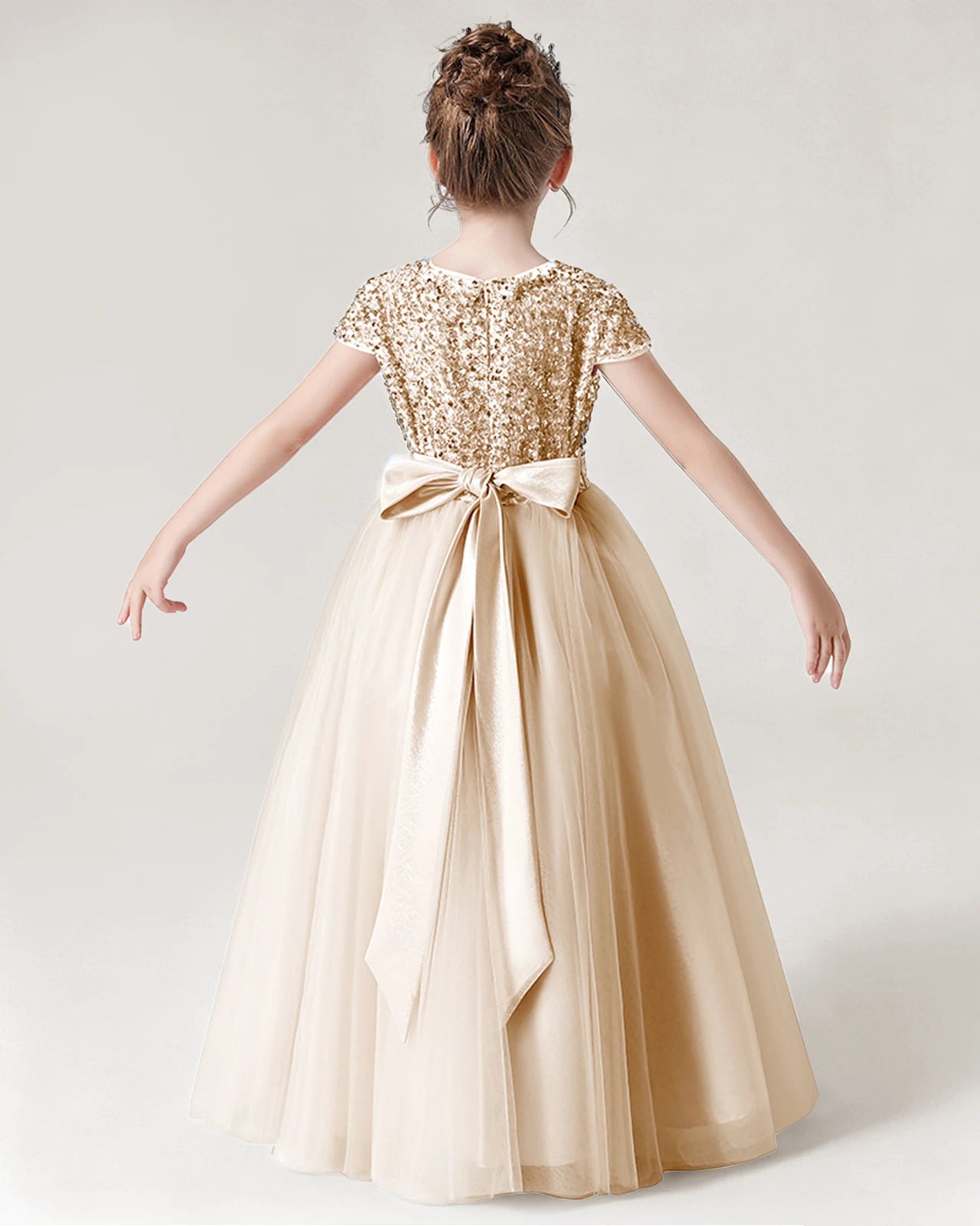 Champagne Back Tulle Flower Girls Dress