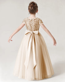 Champagne Back Tulle Flower Girls Dress