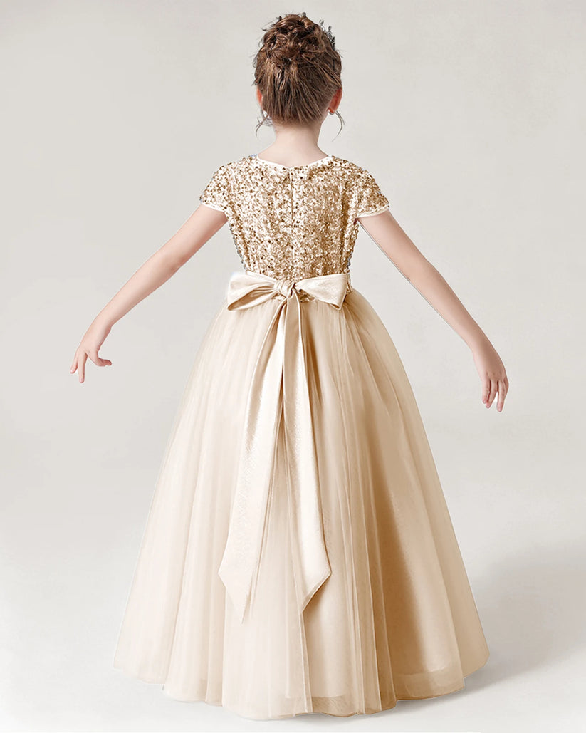 Champagne Tulle A-line Girls Formal Dress Back View