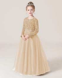Champagne Front Sequin Long Sleeve Flower Girl Dress