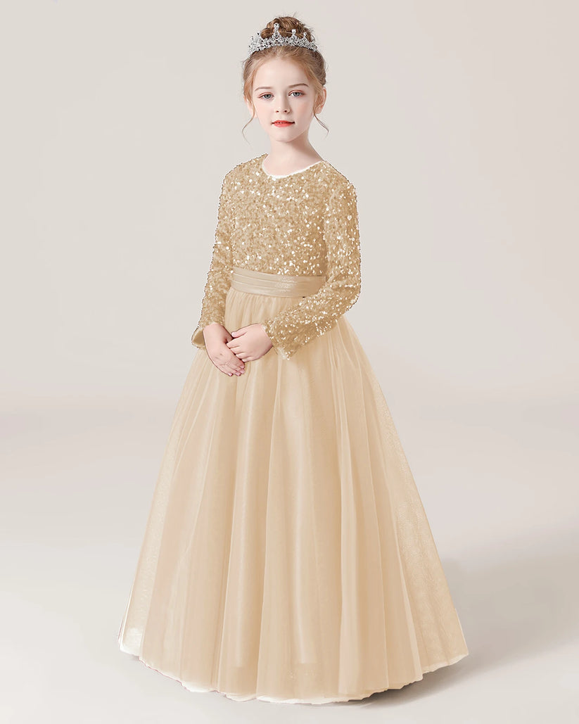 Champagne Sequin Tulle A-line Girls Formal Dress Front View