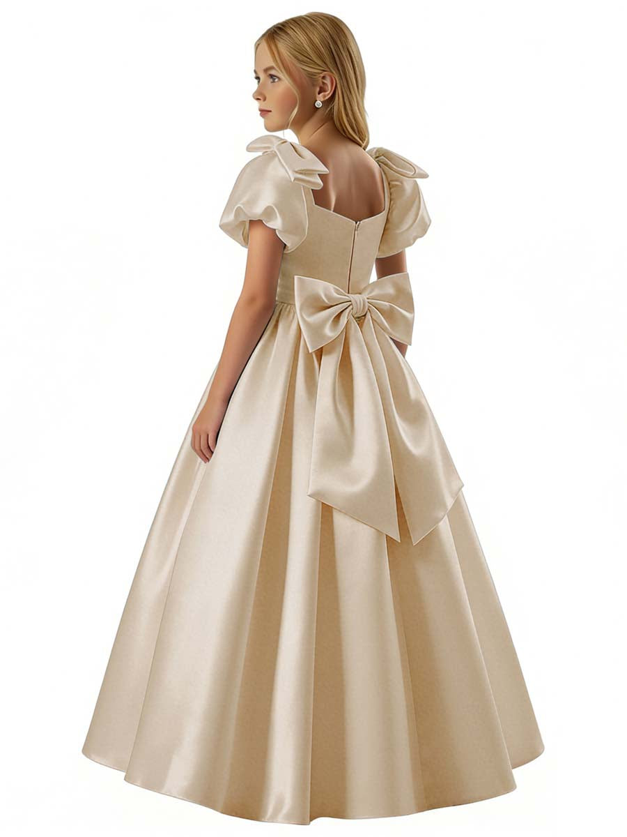 dideyttawl 2026 Satin Flower Girl Dress A Line Big Bow Long Prom Princess Ball Gown Puff Sleeves Junior Bridesmaid Dress 2773