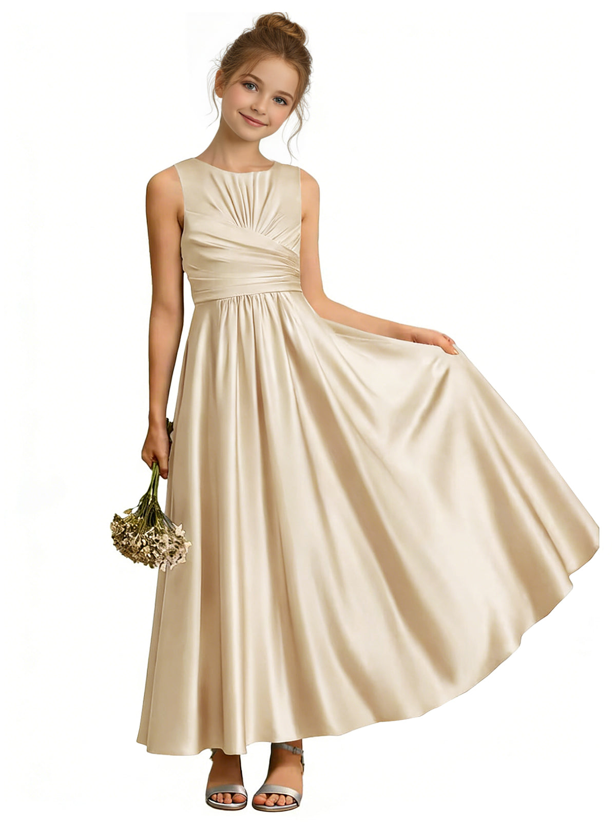 dideyttawl Satin A-Line Junior Bridesmaid Dresses Pleated Girls Special Occasion Gown