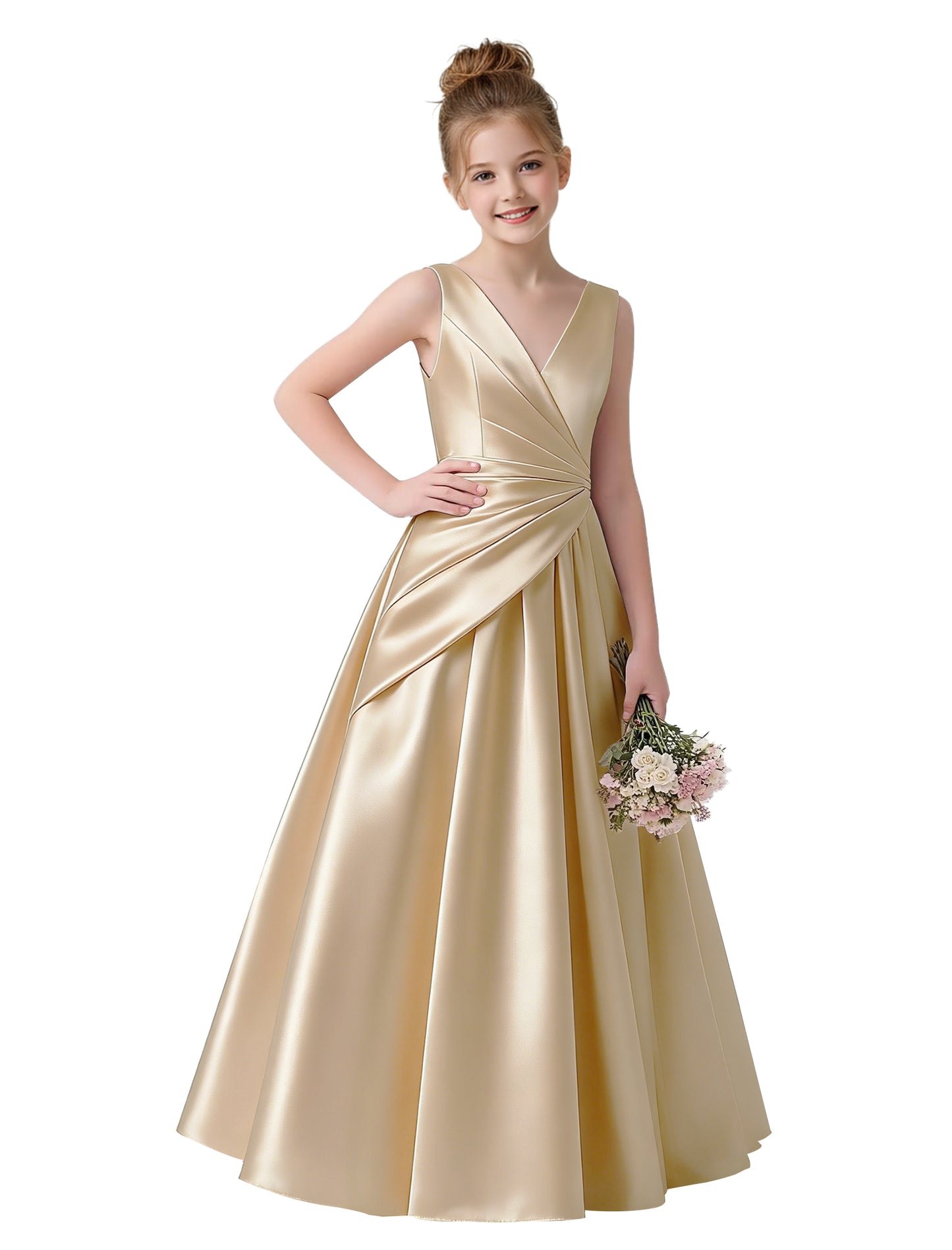 dideyttawl 2026 Pleated Satin Flower Girl Dress Junior Bridesmaid Dress Sleeveless A Line V-Neck Prom Ball Gown 2786