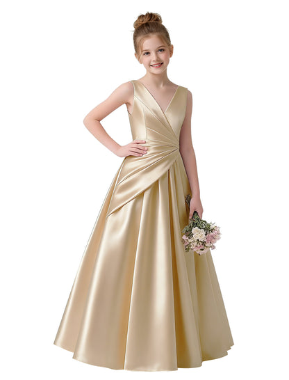 dideyttawl 2026 Pleated Satin Flower Girl Dress Junior Bridesmaid Dress Sleeveless A Line V-Neck Prom Ball Gown 2786