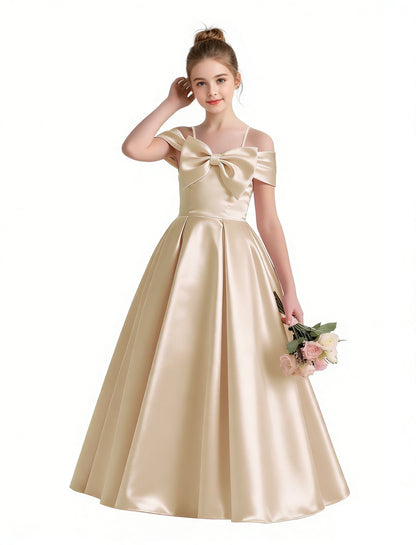 dideyttawl 2026 Off Shoulder Flower Girl Dress Big Bow Junior Bridesmaid Dress A-Line Sleeveless Prom Ball Gown 2790