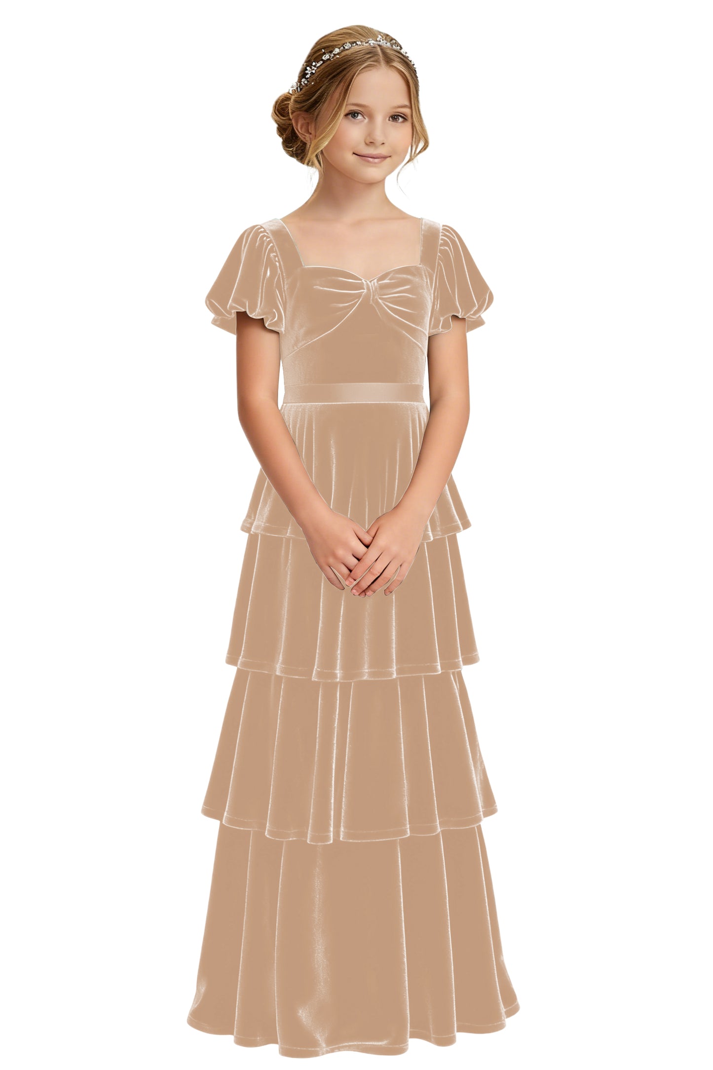 dideyttawl Girls Pleated Velvet Short Lantern Sleeves Long Junior Bridesmaid Dress 2542