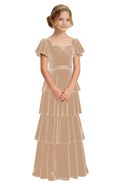 dideyttawl Girls Pleated Velvet Short Lantern Sleeves Long Junior Bridesmaid Dress 2542