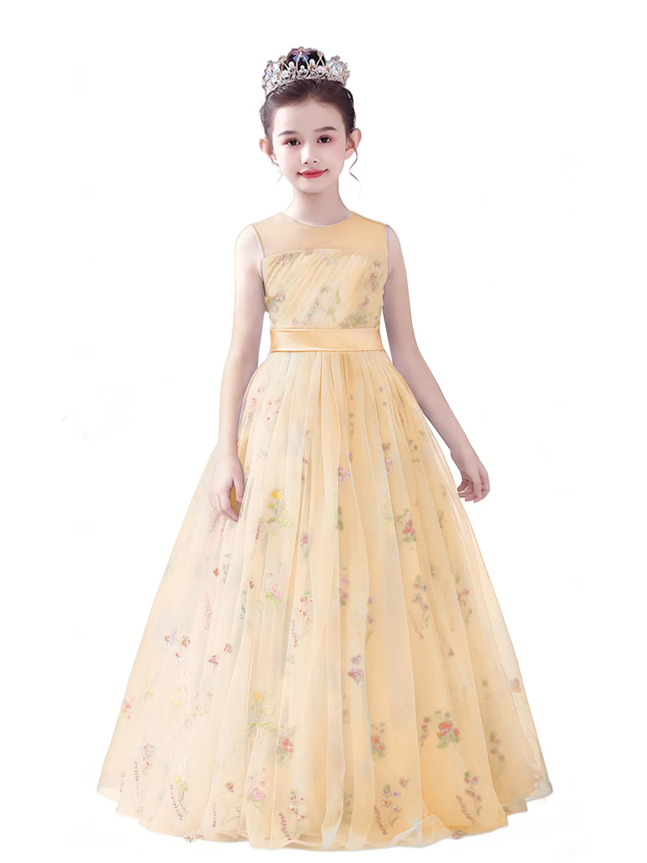 dideyttawl  Floral Tulle Girls Formal Dress Sleeveless Pageant  Prom Gown 2554