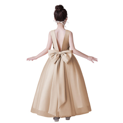 Dideyttawl Big Bow V-Back Satin Tulle Flower Girl Dress with Pearls Puffy Princess Ball Gown
