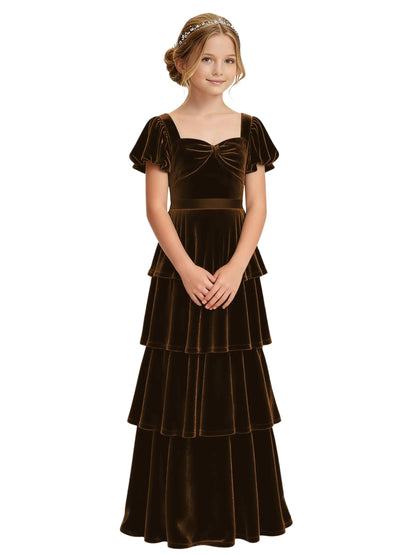 Dideyttawl Burgundy Velvet Junior Bridesmaid Dress Puff Sleeve Tiered Ruffle Formal Dress