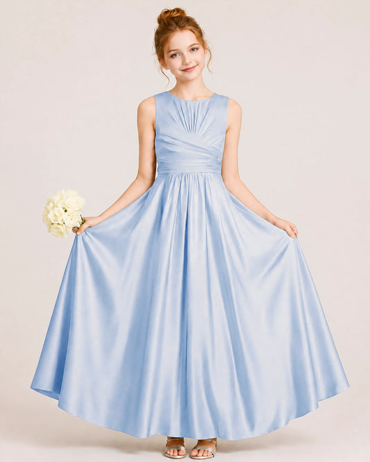 Dusty Blue Satin A-line Junior Bridesmaid Dress Front View