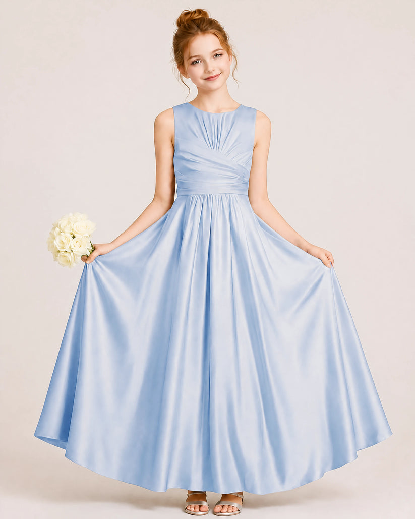 Dusty Blue Satin A-line Junior Bridesmaid Dress Front View