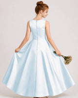 Baby Blue Satin A-line Junior Bridesmaid Dress Back View