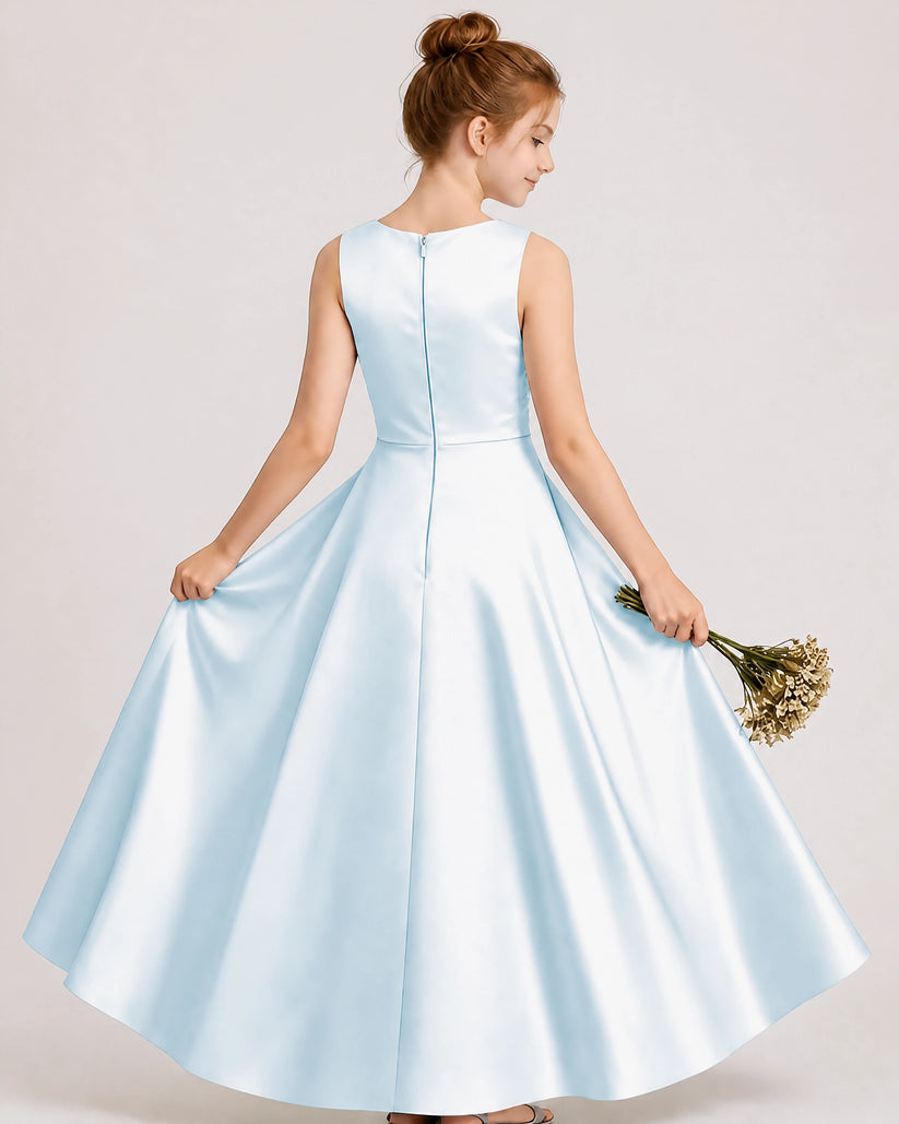 Baby Blue Satin A-line Junior Bridesmaid Dress Back View