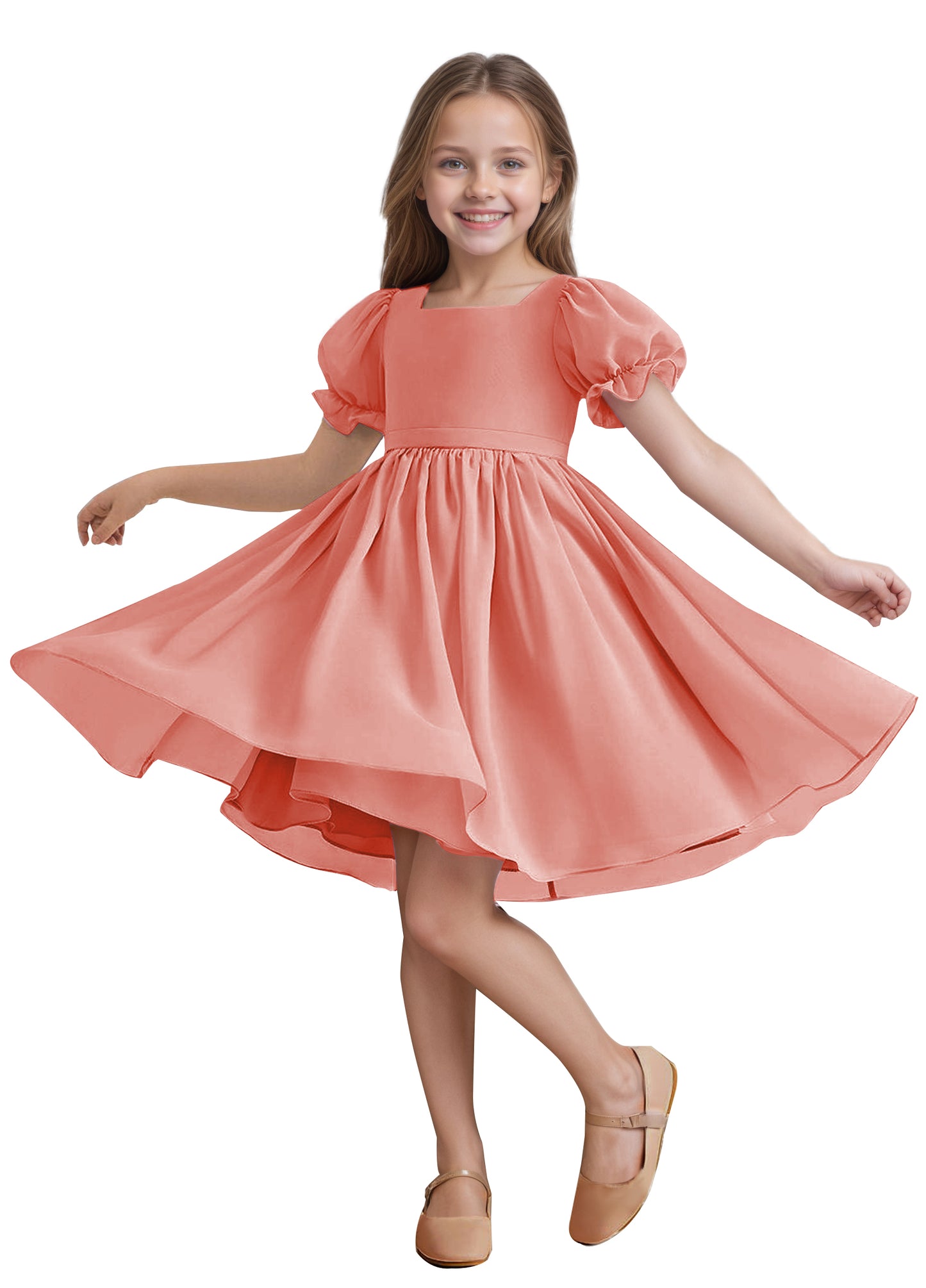 Chiffon Short Sleeves Flower Girl Dresses Knee Length Junior Bridesmaid Dresses for 4-16 650C