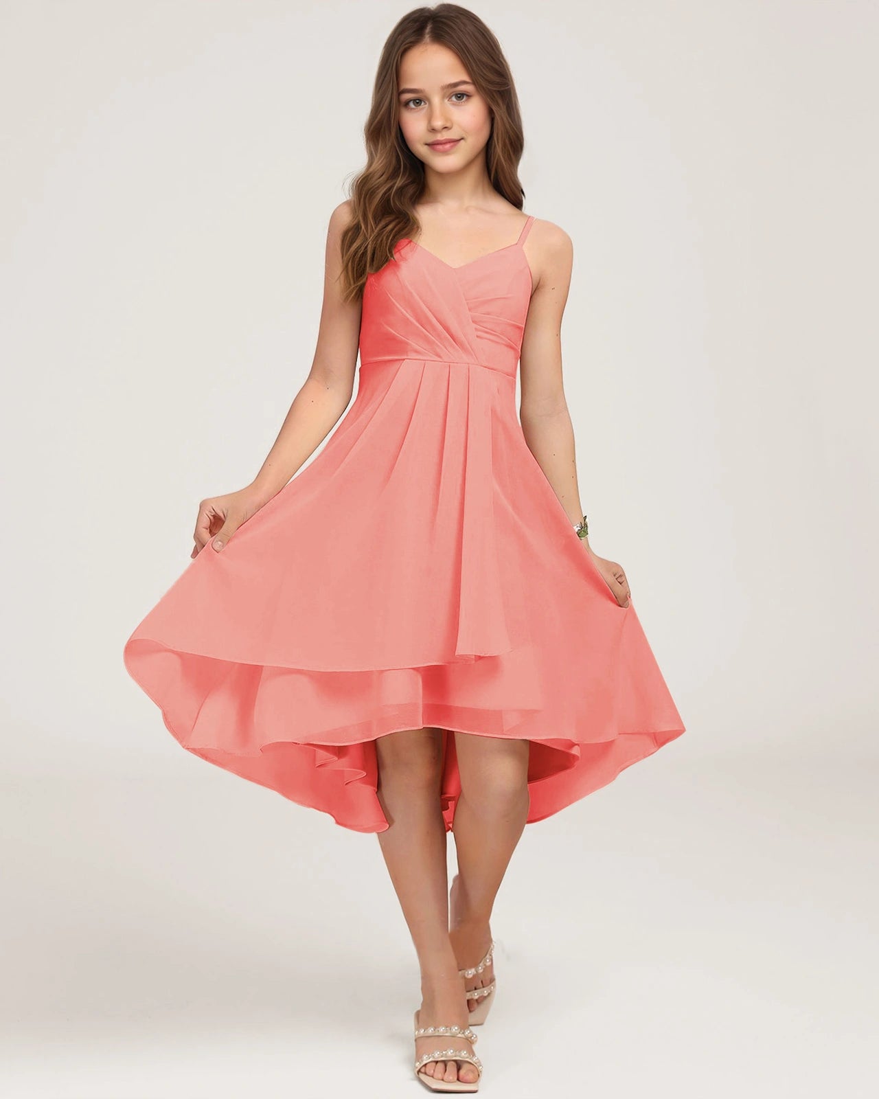 Front Coral Chiffon Junior Bridesmaid Dress