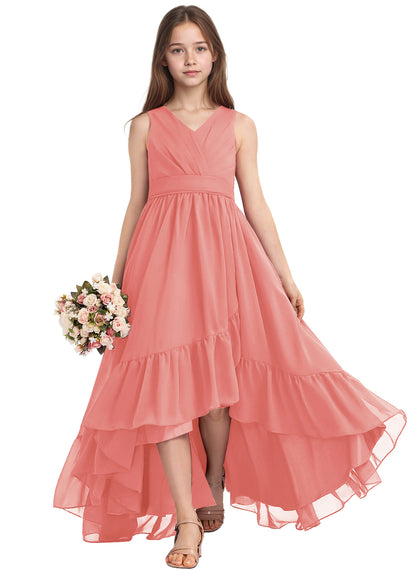dideyttawl A-Line High Low Flower Girls Dress Long V-Neck Junior Bridesmaid Dresses for Teens Pleated Chiffon 2511