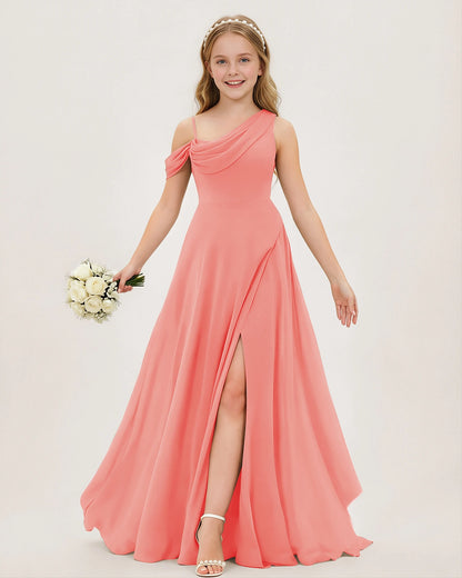 Coral Chiffon A-line Junior Bridesmaid Dress Front View