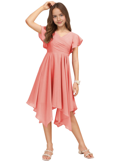 Chiffon Short Junior Bridesmaid Dresses Knee Length Flutter Sleeves Flower Girl Dresses for 4-16 2505
