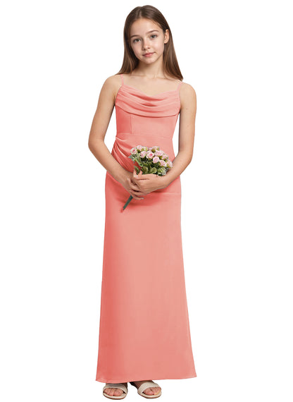dideyttawl Long Sheathe Junior Bridesmaid Dresses for Girls Chiffon A-Line Ruched Cowl Neck Wedding Flower Girls Dress 2512