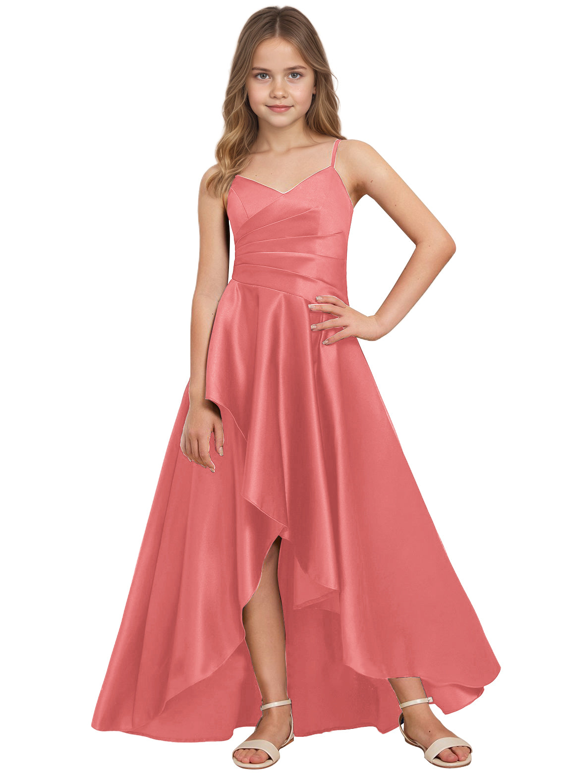dideyttawl High Low Junior Bridesmaid Dress V-Neck Silk Satin Flower Girl Dress Sleeveless Formal Special Occasion Dress for Wedding 2523