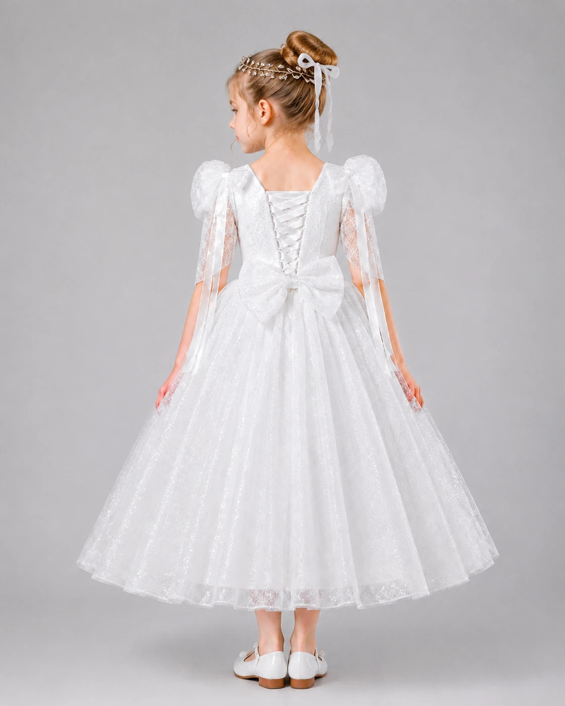 White tulle ball gown pageant dress Back View