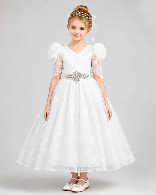 Dideyttawl Sequin Pageant Dress for Girls with Puff Sleeves and Bow