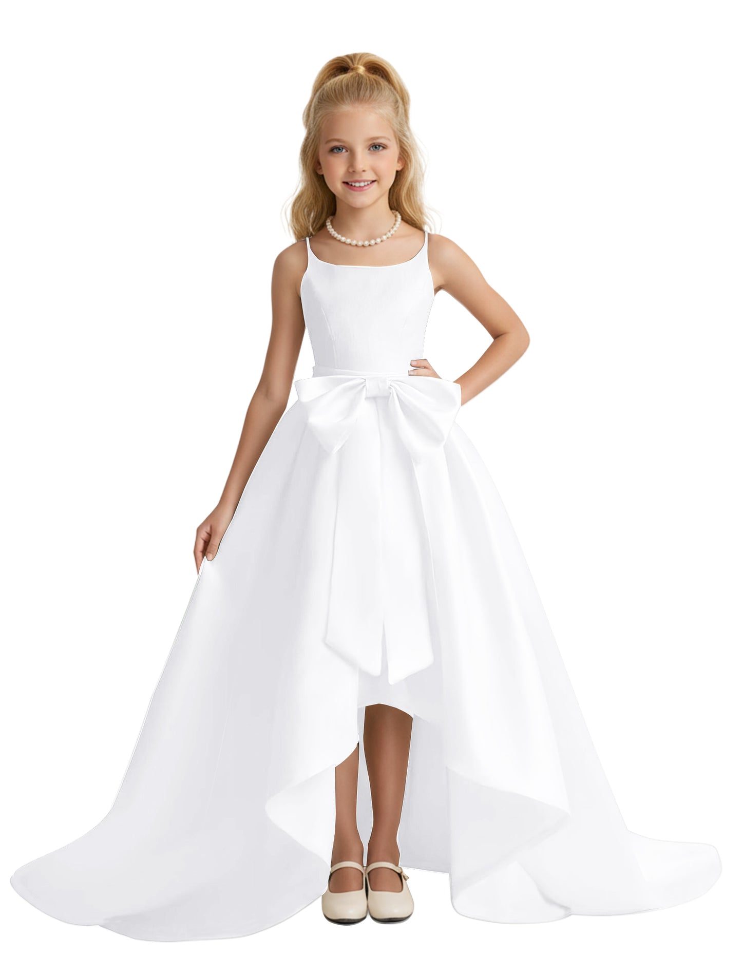 dideyttawl High-Low Big Bow Junior Bridesmaid Dresses for Girls 4-16 Satin A-Line Pageant Formal Party Dress 2535