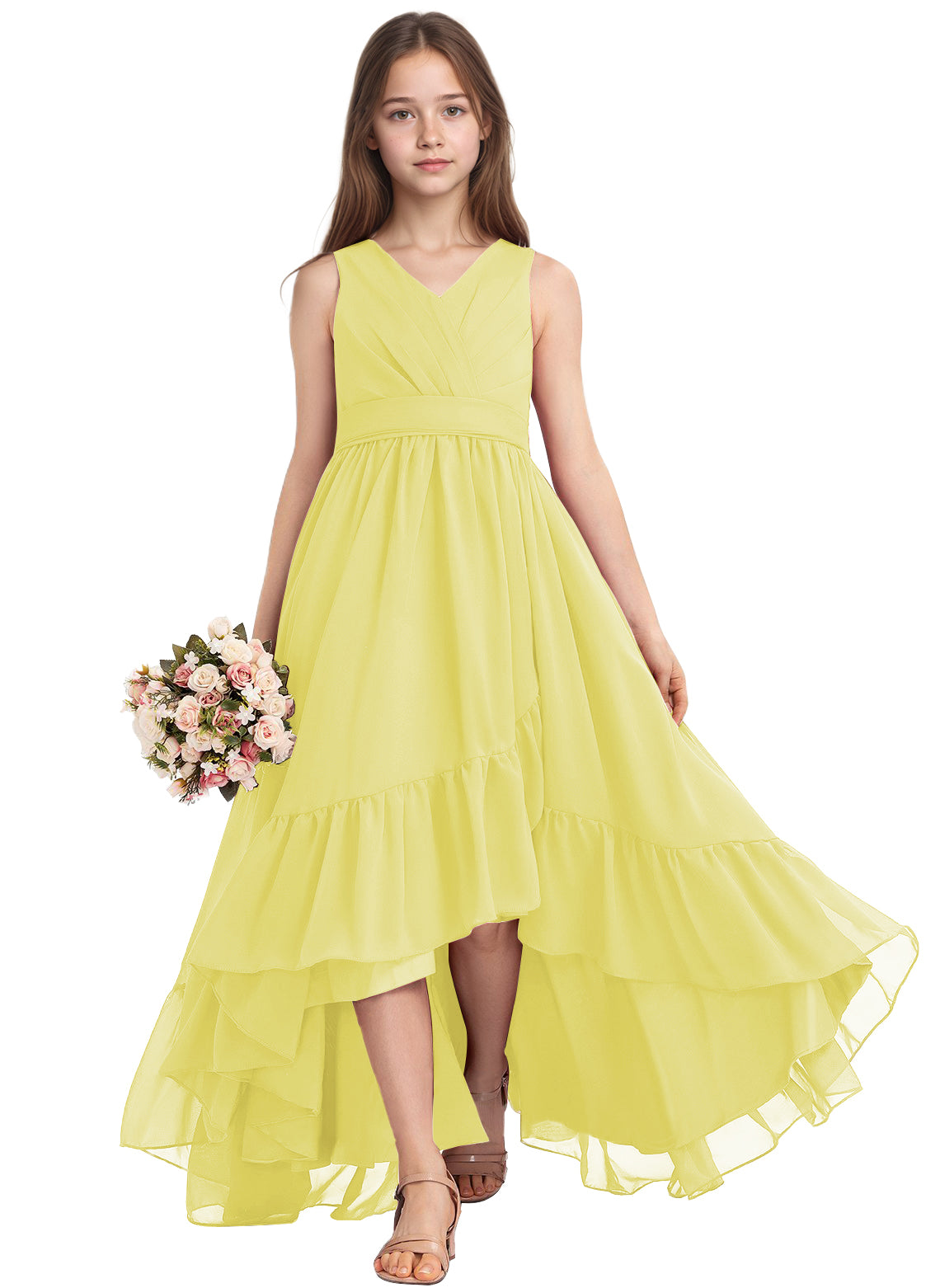 dideyttawl A-Line High Low Flower Girls Dress Long V-Neck Junior Bridesmaid Dresses for Teens Pleated Chiffon 2511