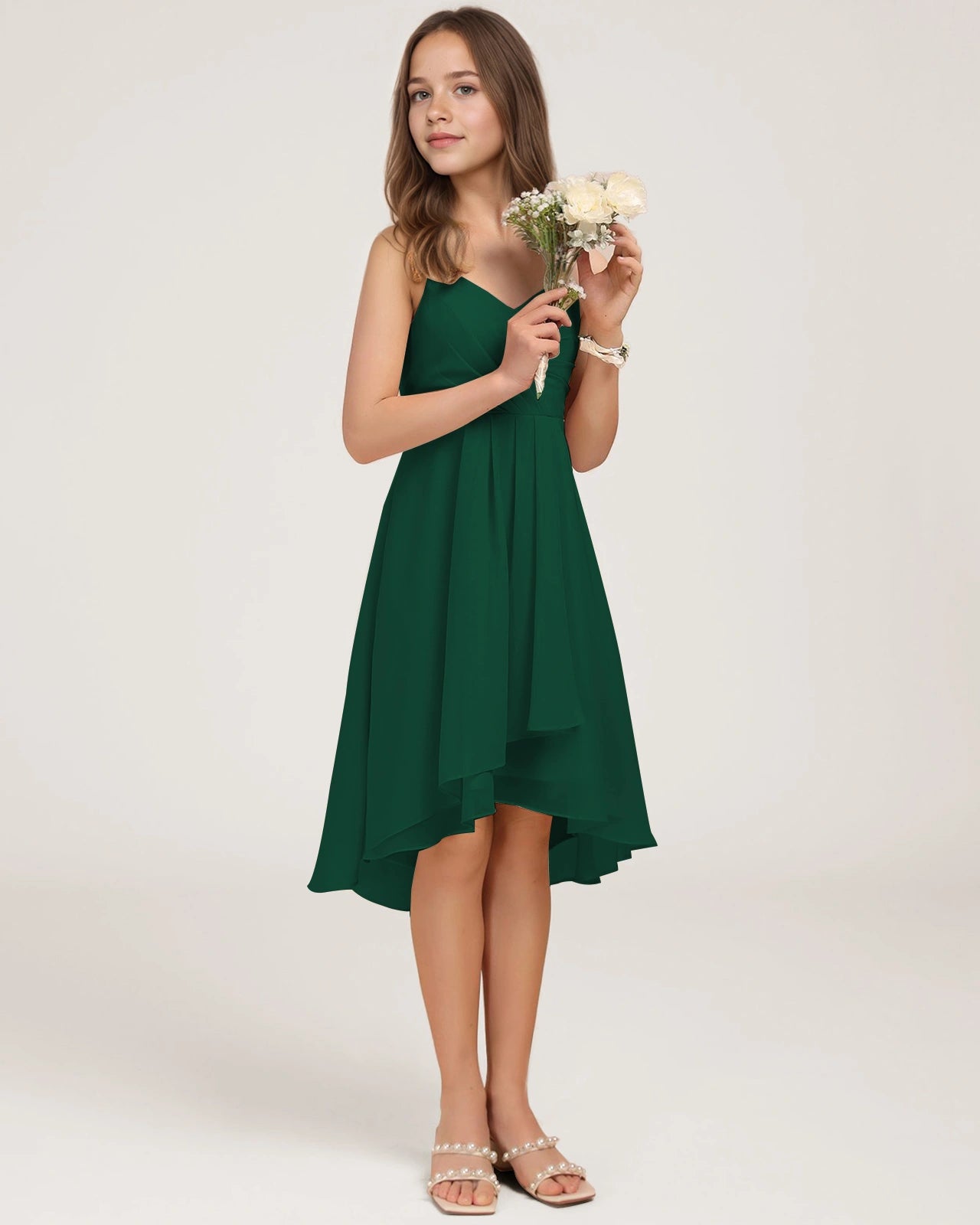 Side Dark Green Chiffon Junior Bridesmaid Dress
