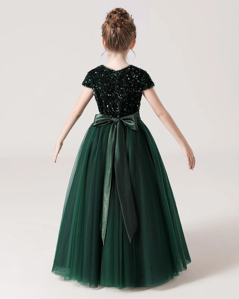 Dark Green Tulle A-line Girls Formal Dress Back View