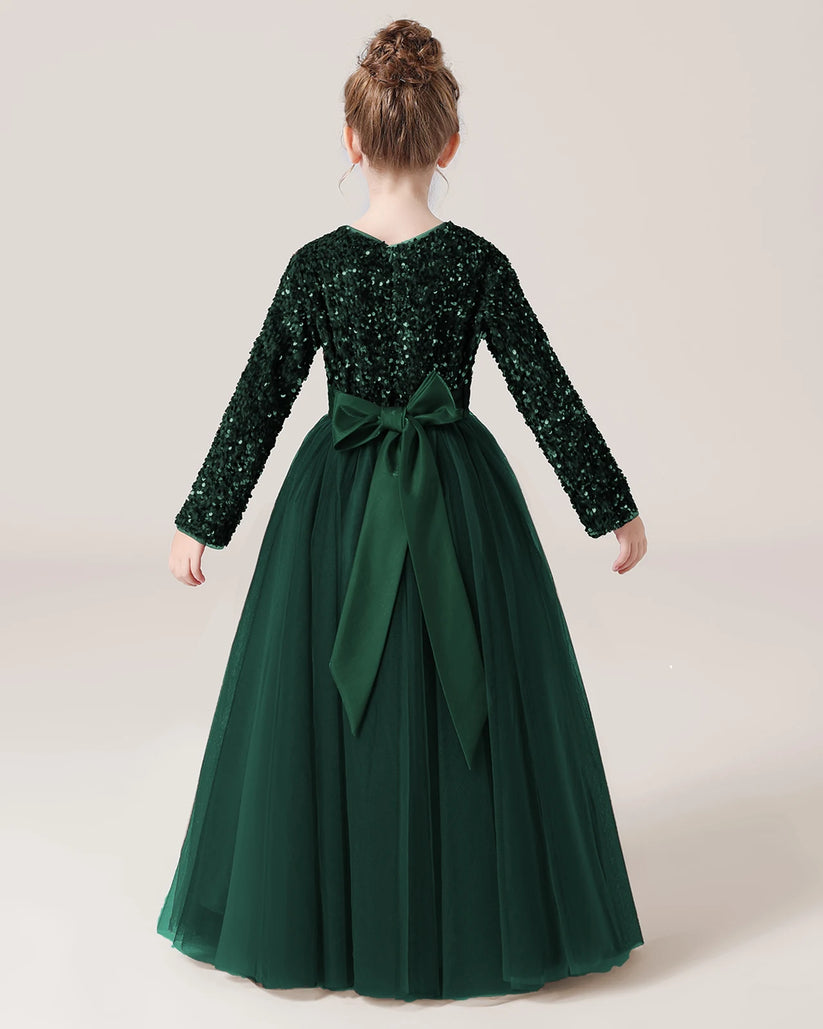 Dark Green Sequin Tulle A-line Girls Formal Dress Back View