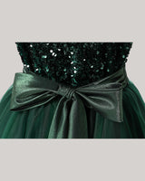 Dark Green Sequin Tulle A-line Girls Formal Dress Front View